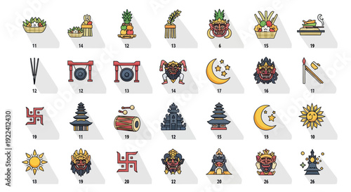Balinese Cultural Icons: Temples, Masks, Offerings, Moon, Sun, Swastika