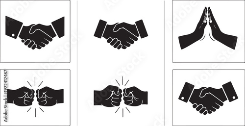 Handshake and prayer hand gestures in black and white