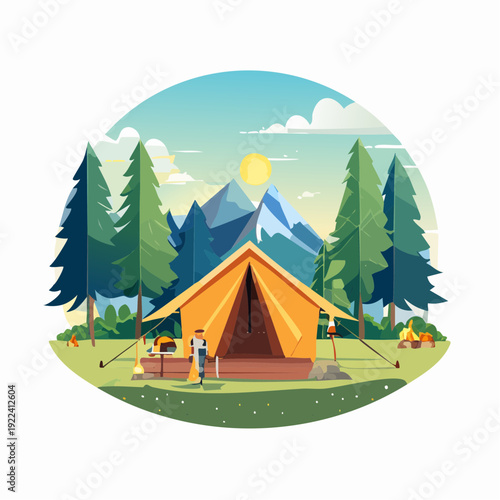 Vibrant outdoor camping adventure scene with majestic mountains, evergreen trees, and a cozy tent under a sunny sky