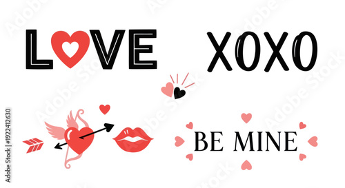 Valentine's Day Love Concepts: Cupid's Arrow, Kiss, Hearts, "Love", "XOXO", "Be Mine"