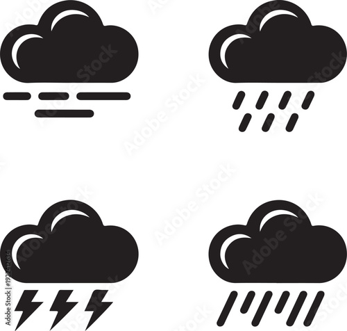Four distinct black and white weather condition icons showing fog rain lightning and heavy precipitation