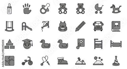 Childhood Icons Set: Baby, Toys, School, Play and Learning Symbols