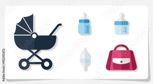 Baby Care Icons: Stroller, Bottles, and Diaper Bag - Flat Design