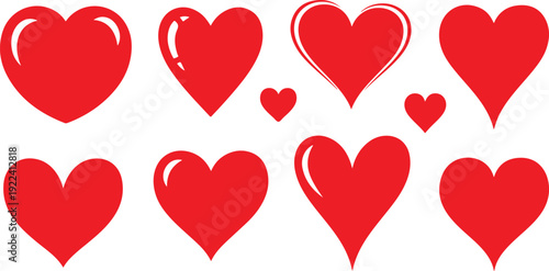 A collection of red heart shapes in various sizes on a white background