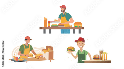 Fast food worker delivering order to table, smiling young server carrying tray with burgers and drinks to customers in casual restaurant, modern service and hospitality concept for dining 