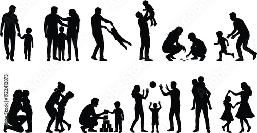 Black silhouette collection of happy family activities, parents and children playing, bonding, walking, lifting kids, parenting moments isolated on white background vector illustration set