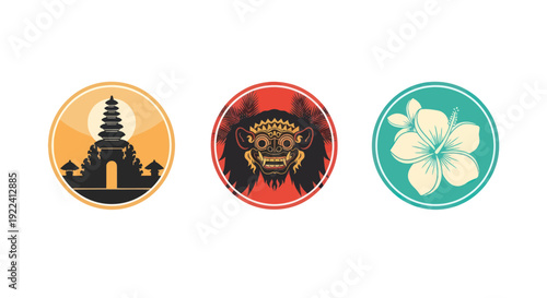 Bali Symbols: Temple Silhouette, Traditional Mask, Tropical Flower
