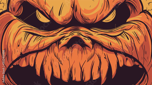 Evil pumpkin face vector icon with scary halloween expression, spooky jackolantern character silhouette isolated on dark background, horror symbol illustration for party decoration and autumn festival