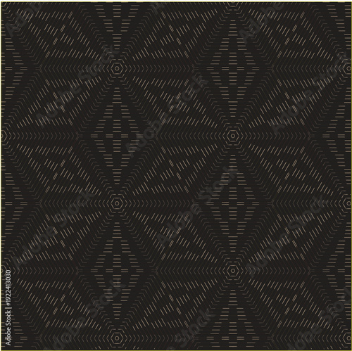 Dark geometric seamless pattern with abstract hexagonal and diamond shapes formed by thin lines and circles, in a modern style.