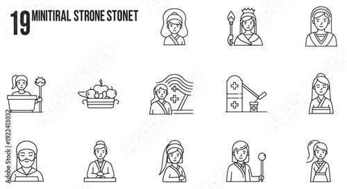 Collection of 19 Line Art Icons: Diverse People, Professions, and Symbols