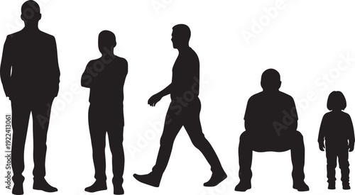 Silhouettes of people in various poses and sizes on a white background