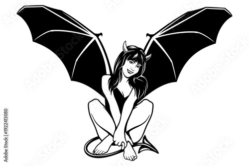 Cute Devil Girl with Spread Wings. Black and white vector drawing in pin up, pop art style.