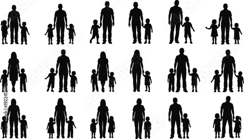 Family silhouette collection featuring parents with children standing together, mother father and kids black vector set isolated on white background for parenting design