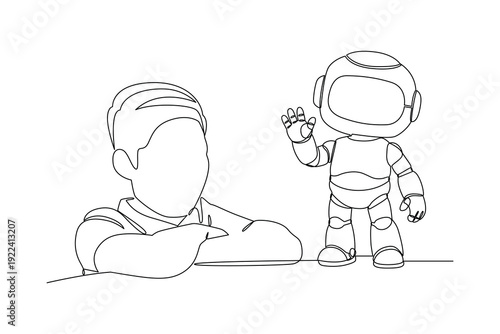 Kid Observing Friendly AI. Ai and Human Colaboration Concept. Single line draw design Video 4k. Footage graphic illustration