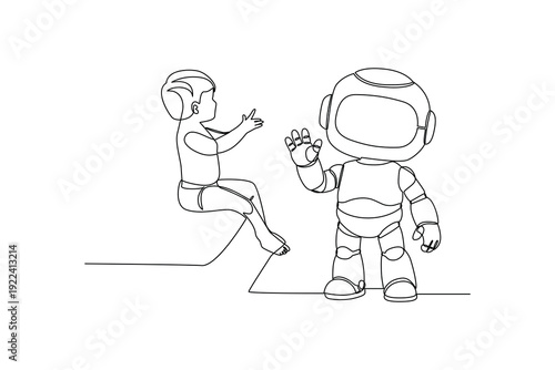Playful Interaction Between Kid And AI. Ai and Human Colaboration Concept. Single line draw design Video 4k. Footage graphic illustration