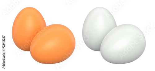 Brown and white eggs placed side by side isolated on white transparent background. Concept of egg variety and nutrition
