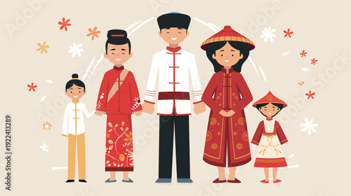 Family dressed in traditional attire thick line vector illustration, cultural clothing character set with parents and children in bold outline style, isolated on white background for heritage and cele