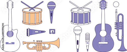 Neon Music Instrument Vector Set  Guitar, Keyboard, Microphone, and Drums