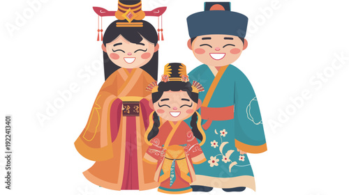 Family dressed in traditional attire thick line vector illustration, cultural clothing character set with parents and children in bold outline style, isolated on white background for heritage and cele