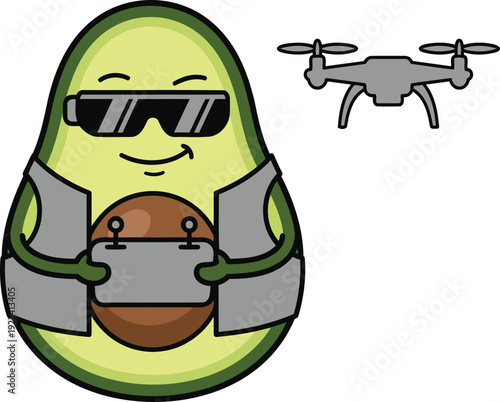 Avocado Drone Pilot Mascot Character, Cute Cartoon Fruit Flying Quadcopter with Remote Controller Vector Illustration.