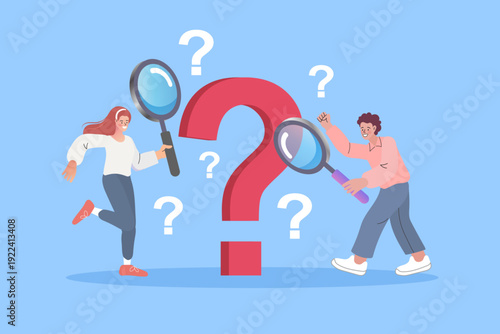 Problem solving concept with characters using magnifying glasses to investigate a large question mark. Flat vector for FAQ, market research, and finding business solutions or customer support.