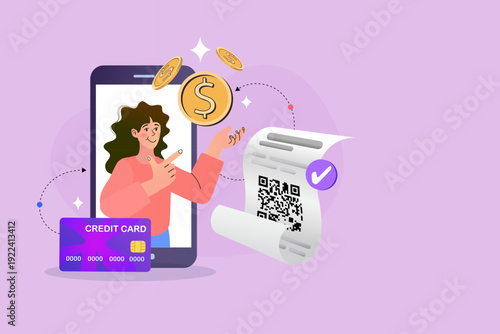 Digital payment concept with a woman using a smartphone for QR code and credit card transactions. Modern flat vector for mobile banking, online shopping, and cashless society financial services.