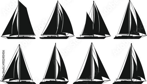 Sailboat silhouette collection featuring classic sailing yachts with sails raised, black nautical vector set isolated on white background for marine design