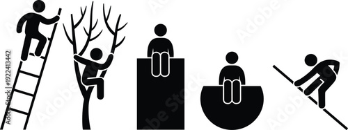 human activity silhouettes set, climbing, sitting and jumping figures, abstract people icons isolated on white background