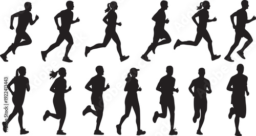 Collection of running silhouettes of men and women in various poses