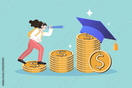 Education investment concept with a student walking on stacks of dollar coins toward a graduation cap. Modern flat vector for scholarship planning, tuition savings, and academic success goals.