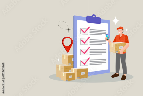 Fast delivery service concept with a courier character holding a package and smartphone next to a checklist clipboard. Flat vector for logistics management, order tracking, and e-commerce shipping.