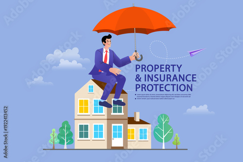 Property and home insurance protection concept. Flat vector illustration of a man holding a large umbrella over a house for financial security, real estate safety, and residential coverage.