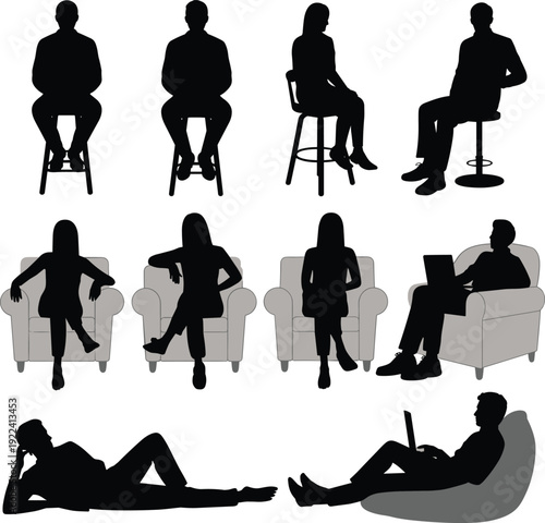 people sitting silhouettes set, seated men and women on chairs and sofas, relaxing poses isolated illustration