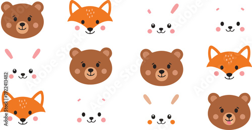 Cute Forest Animal Faces Vector Set Bear, Fox, and Rabbit Icons