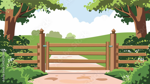 Farm gate arch vector illustration with rustic wooden entrance and countryside pathway, rural barnyard portal isolated on white background, simple agricultural landscape design for ranch, garden 