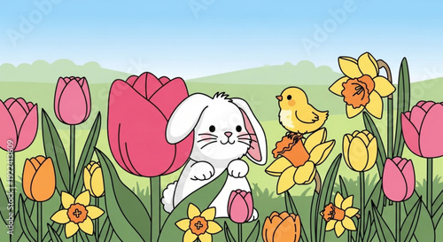 White bunny and yellow chick in a vibrant field of tulips and daffodils on a sunny day