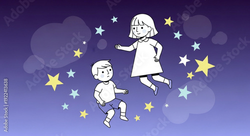 Children floating among stars in whimsical night sky with soft purple gradient background and fluffy clouds illustration