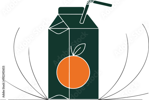 Orange Juice Carton Outline Icons  Straw Box, Fruit, and Packaging Details