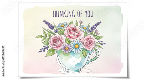 Floral teacup illustration with pink roses and daisies pastel background and 'thinking of you' text perfect for greeting cards and sentimental gifts