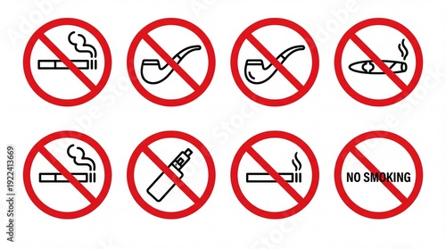 Free Download No smoking signs with cigarette, pipe, and vape icons in red circles - GFXLoad