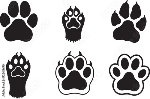 Collection of six different animal paw prints in black and white