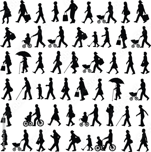 Walking people silhouettes set, diverse pedestrians with bags, strollers and canes isolated on white background