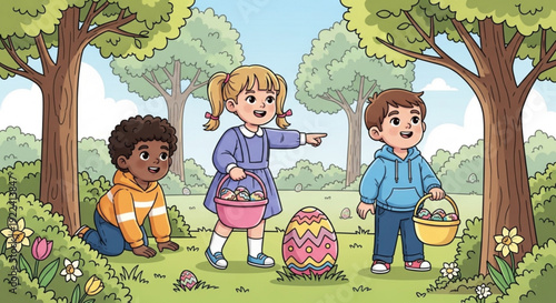 Children enjoying easter egg hunt in a sunny forest glade with baskets and decorated eggs surrounded by trees and flowers
