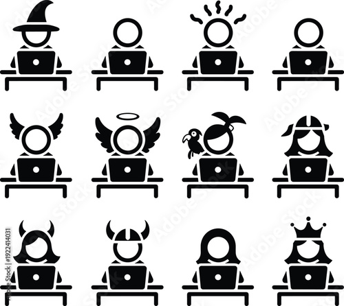 Fantasy avatar computer user icons set, people with costumes using laptops isolated on white background