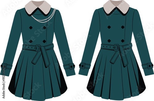 Fashionable teal trench coat flat sketch, elegant double breasted design, pearl detail, belt waist, stylish clothing cad vector illustration