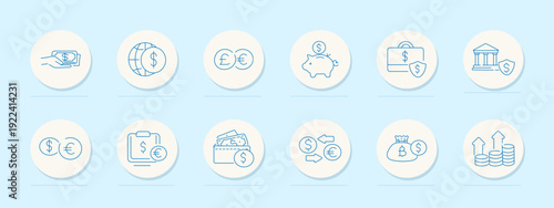 Banking finance currency set icon. Blue outline badges, hand cash, globe dollar, pound euro coins, piggy bank, secure briefcase, bank building shield, exchange arrows, wallet money, growth stacks