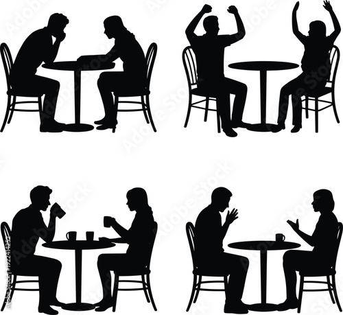 People talking at table silhouettes set, couples communicating and drinking coffee isolated on white background