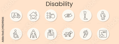 Disability set icon. Ambulance access, care home, touchscreen, blind eye, prosthetic leg, cane, wheelchair, mobility support, parking sign, guide dog, hearing aid, restroom, inclusion