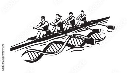 Rowing Team Illustration with DNA Strands.