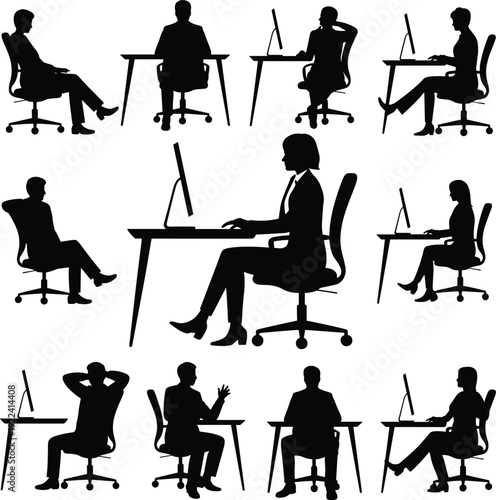 Office worker silhouettes set, business people sitting at computers in workplace scenes isolated on white